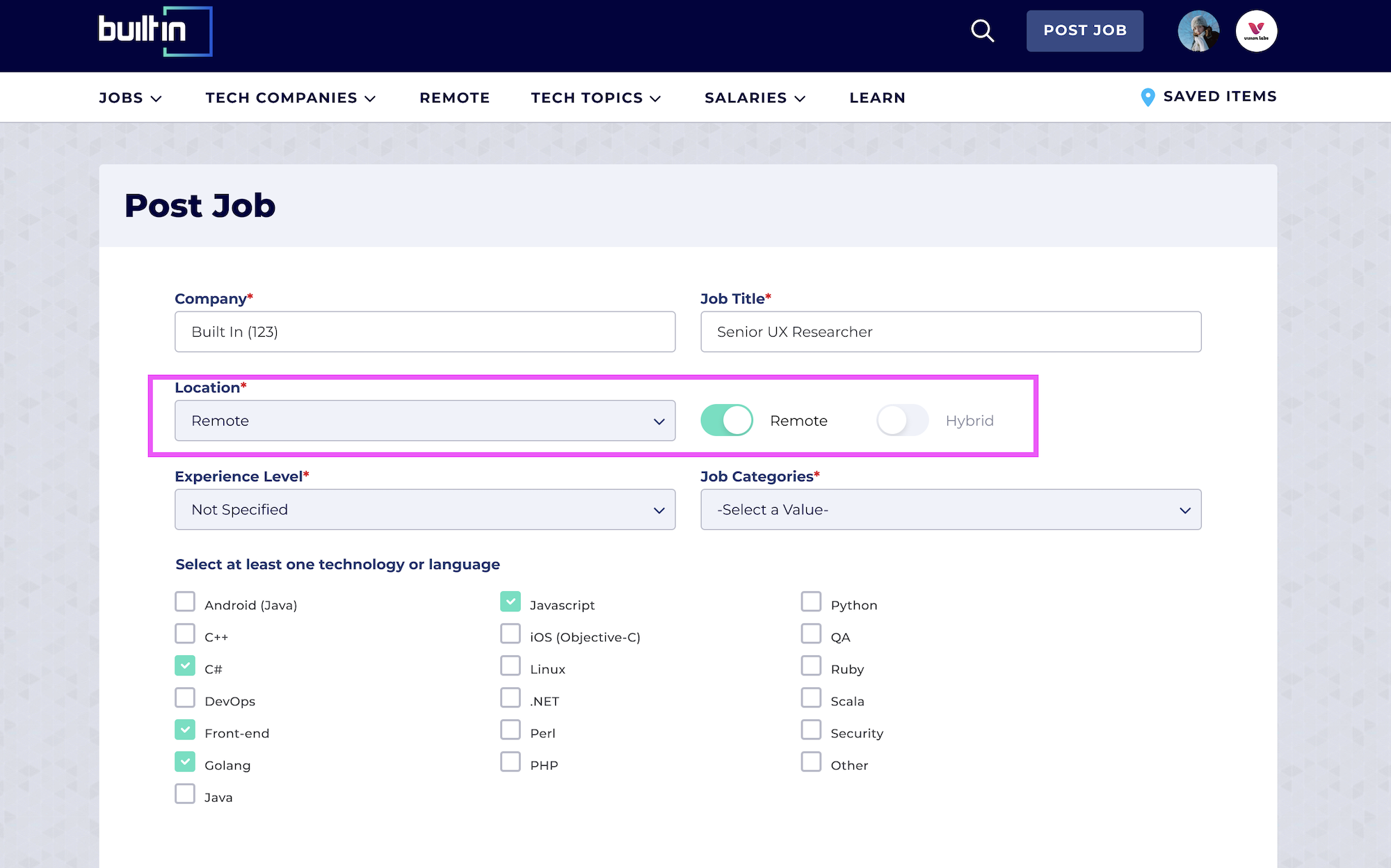Configuring hybrid jobs and settings on Built In